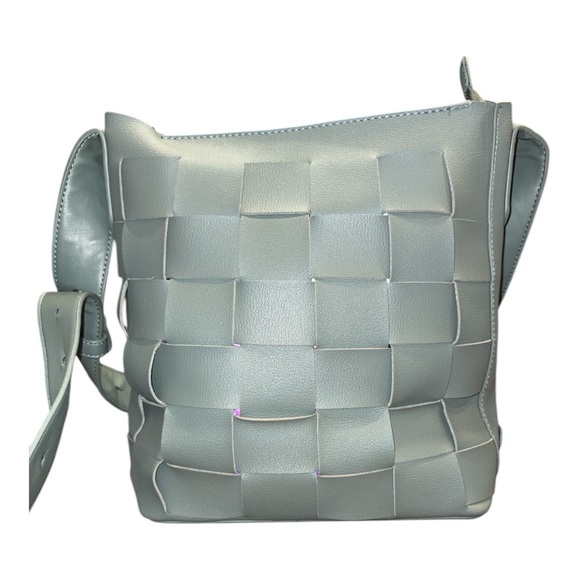 David Jones Paris Across the Body bag dusty blue leather basket weave BP 3